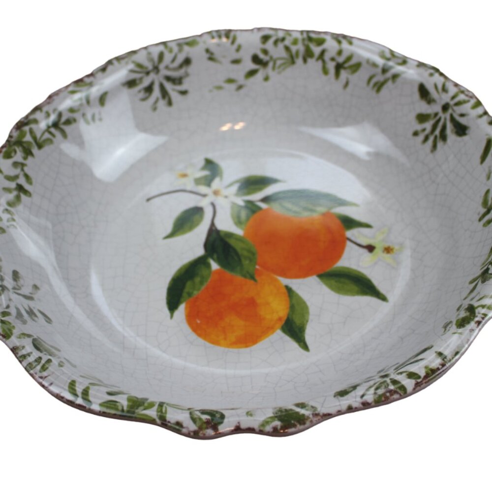 Bungalow No 10 Orange Rustic Serving Bowl Large 13.75" Melamine White Green NEW